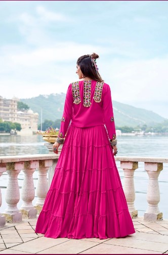 Pink Rayon Mirror Gamthi Lehenga Choli